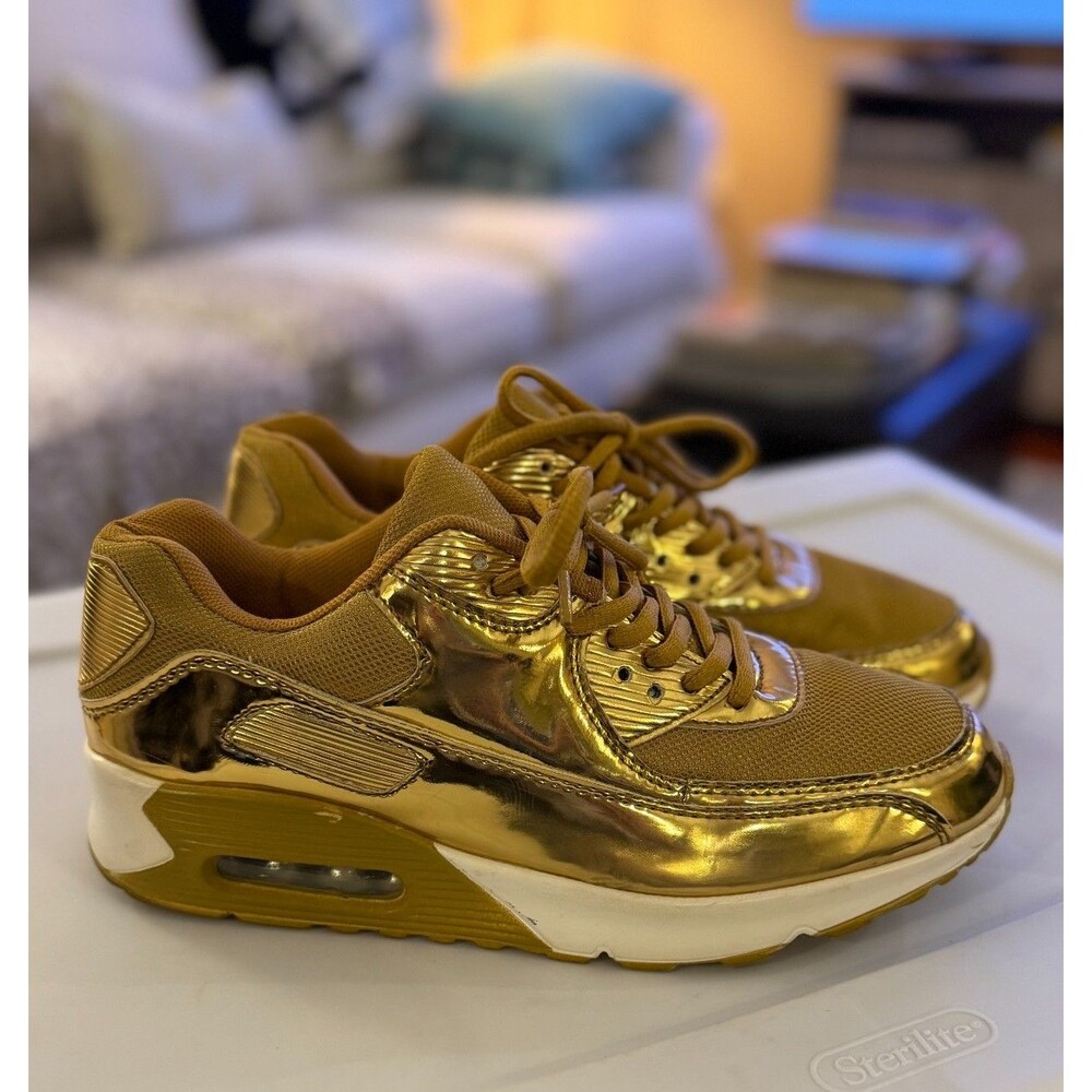 Gold Sneakers Womens Lace Up Sz 41 EU or Sz 10 US Sporty Shiny Party Festive
